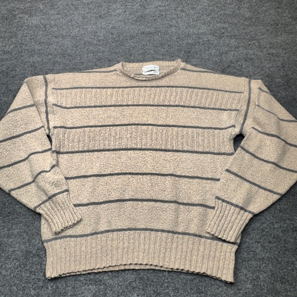 Christian Dior Sweater Mens Large Tan Striped Crewneck Knit Vintage Designer